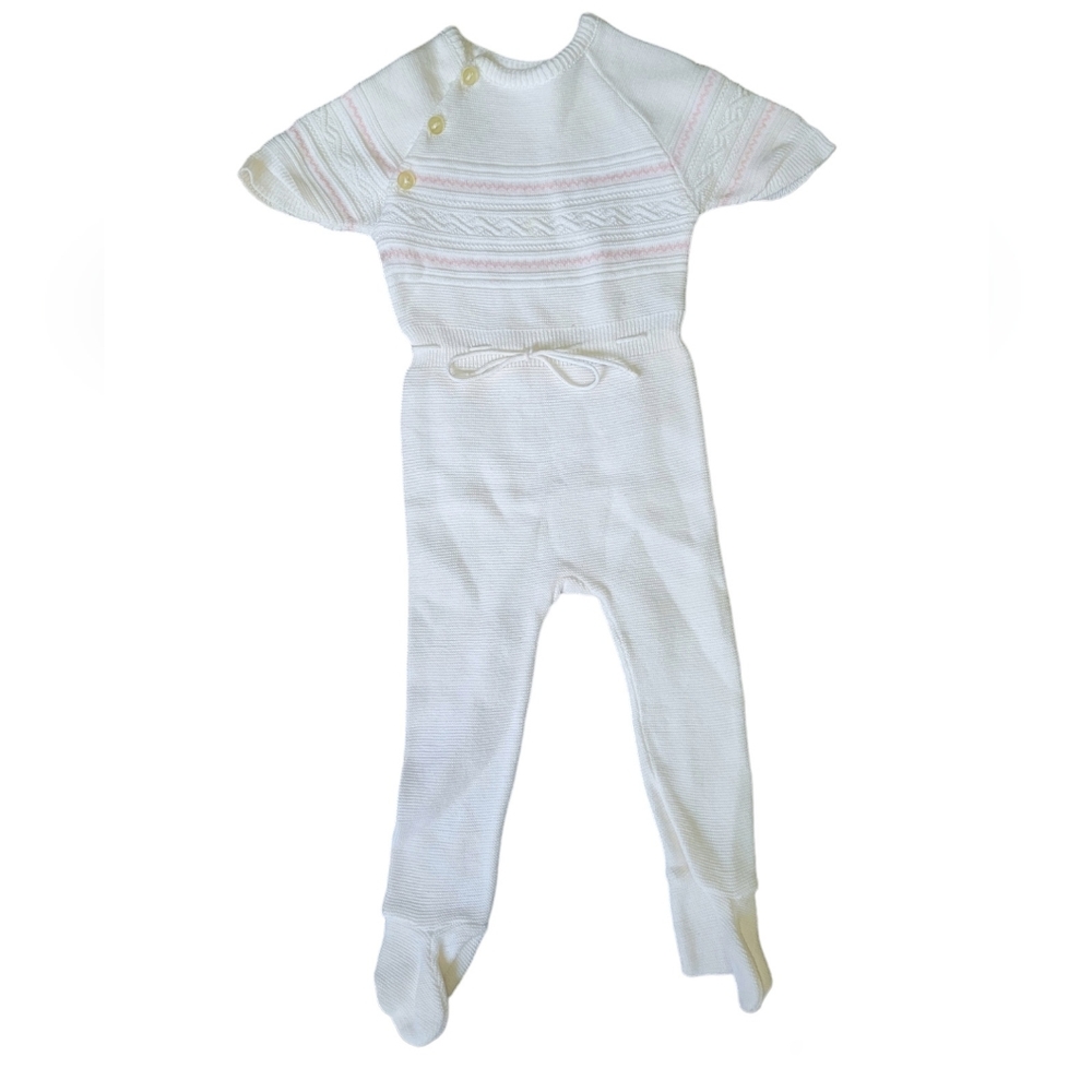 Vintage off-white and pink handmade sweater knit baby romper bodysuit